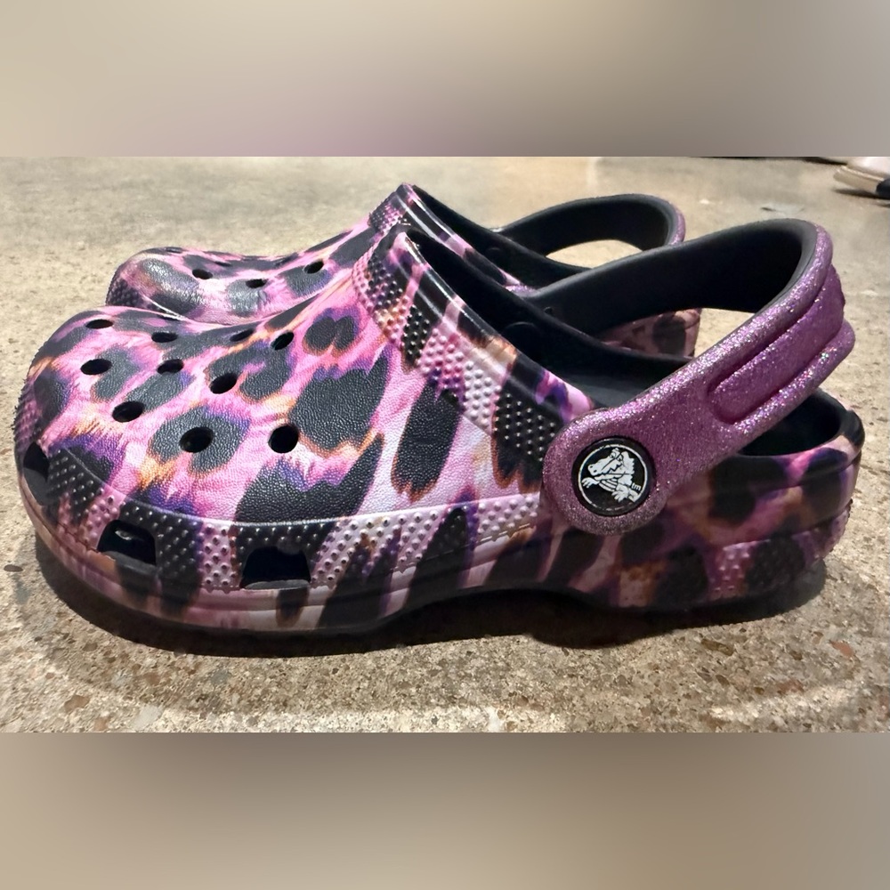 Crocs Kids J1 Pink Leopard Print Classic Clogs | Lightweight Slip-On Shoes